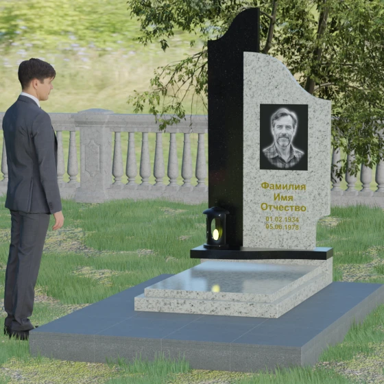Комбинированный памятник с волнообразным изгибом и 'рваным' навершием, гранит Мансуровский, вид 3