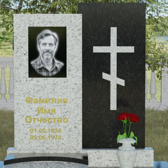 Гранитный монумент с православным крестом, гранит Мансуровский