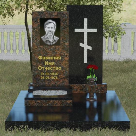 Гранитный монумент с православным крестом, гранит Дымовский, вид 2