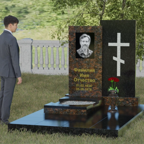 Гранитный монумент с православным крестом, гранит Дымовский, вид 4