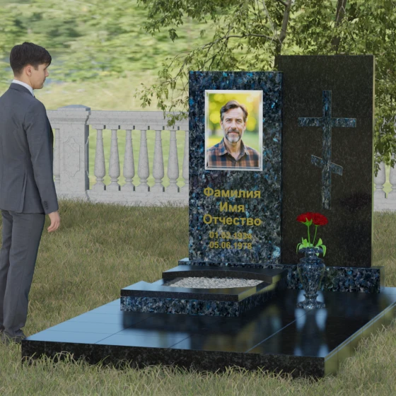 Гранитный монумент с православным крестом, гранит Блю Перл, вид 4