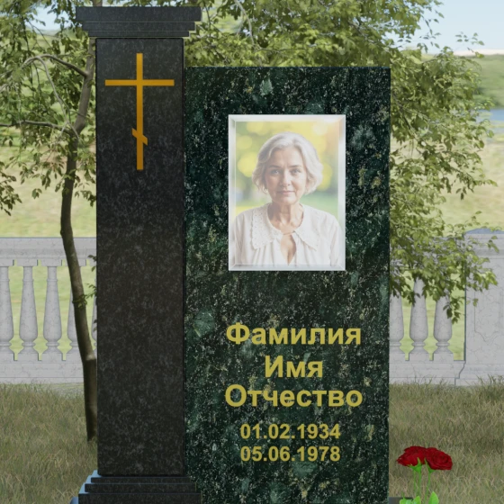 Гранитный православный вертикальный памятник с крестом в Калининграде, гранит Балтик грин