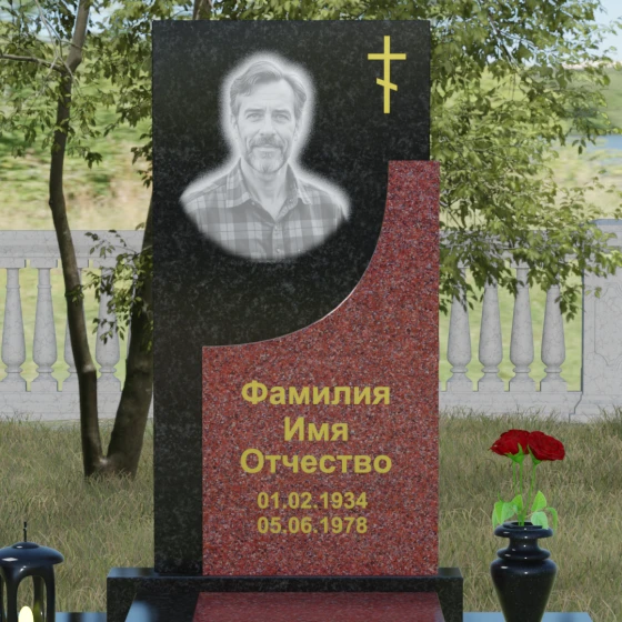Вертикальный гранитный памятник с крестом в Челябинске, гранит Габбро-диабаз