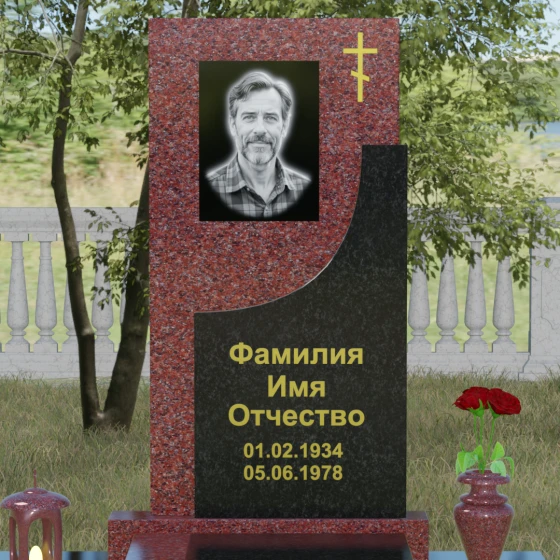 Вертикальный гранитный памятник с крестом в Челябинске, гранит Лезниковский