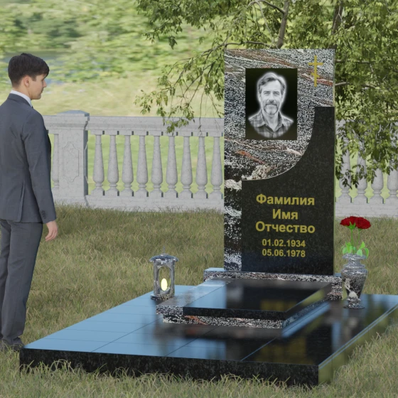 Вертикальный гранитный памятник с крестом в Челябинске, гранит амфиболит, вид 4