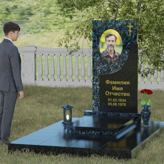 Вертикальный гранитный памятник с крестом в Челябинске, гранит Блю Перл, вид 4