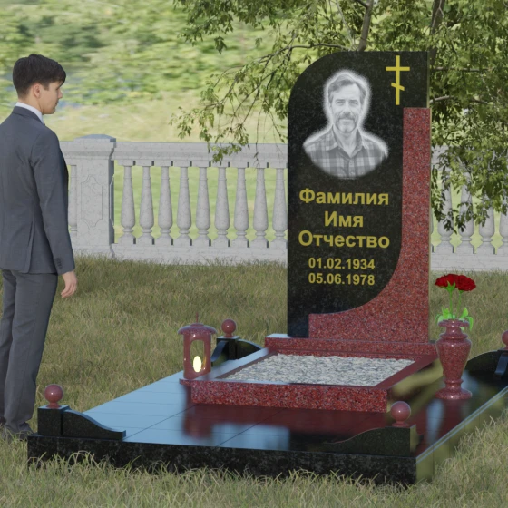Гранитный памятник с крестом для одного в Новокузнецке, гранит Габбро-диабаз, вид 4