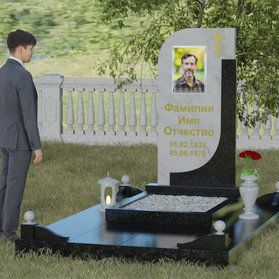 Гранитный памятник с крестом для одного в Новокузнецке, мрамор Тассос, вид 4