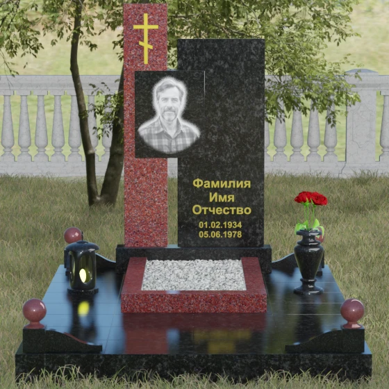 Мемориальное изделие с асимметричными стелами и золоченым крестом, гранит Габбро-диабаз, вид 2