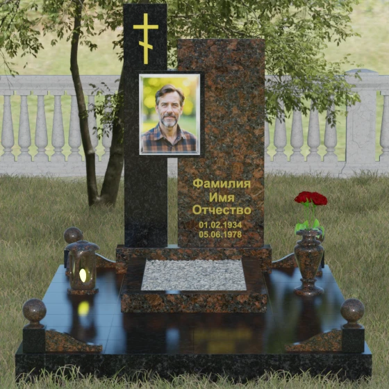 Мемориальное изделие с асимметричными стелами и золоченым крестом, гранит Дымовский, вид 2