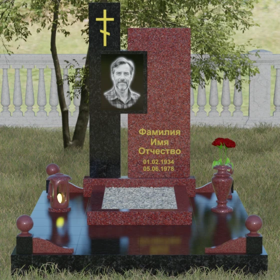 Мемориальное изделие с асимметричными стелами и золоченым крестом, гранит Лезниковский, вид 2