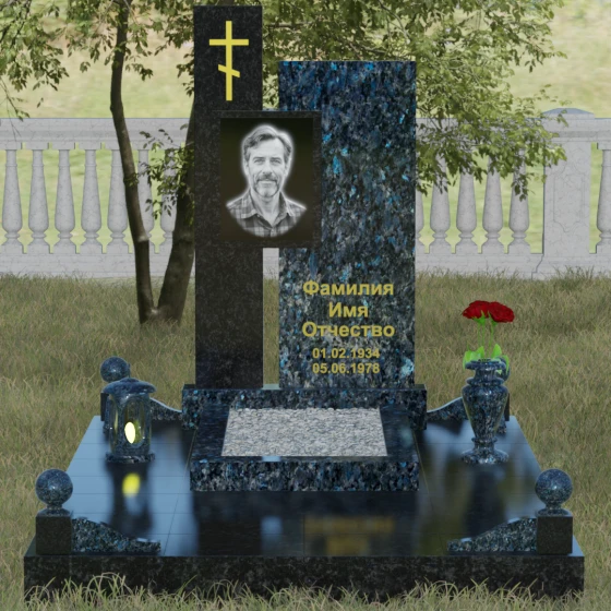 Мемориальное изделие с асимметричными стелами и золоченым крестом, гранит Блю Перл, вид 2