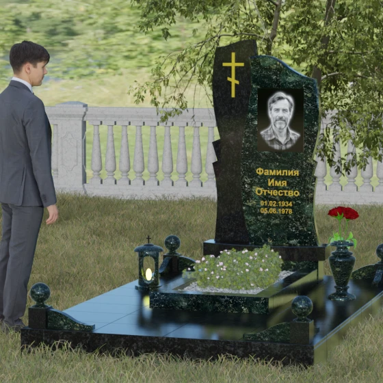 Вертикальная стела с волной и крестом, гранит Балтик грин, вид 4