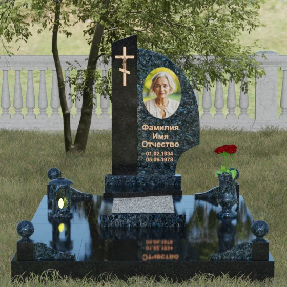 Памятник — крыло с распятием и шарами, гранит Блю Перл, вид 2, в Якутске