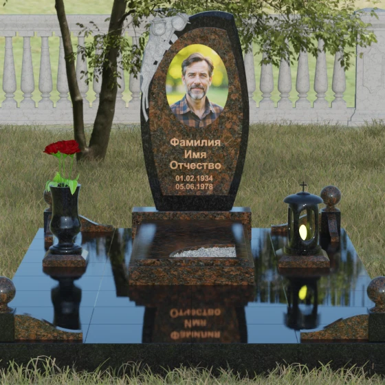 Мемориал с резьбой розы и асимметричной стелой, гранит Дымовский, вид 2