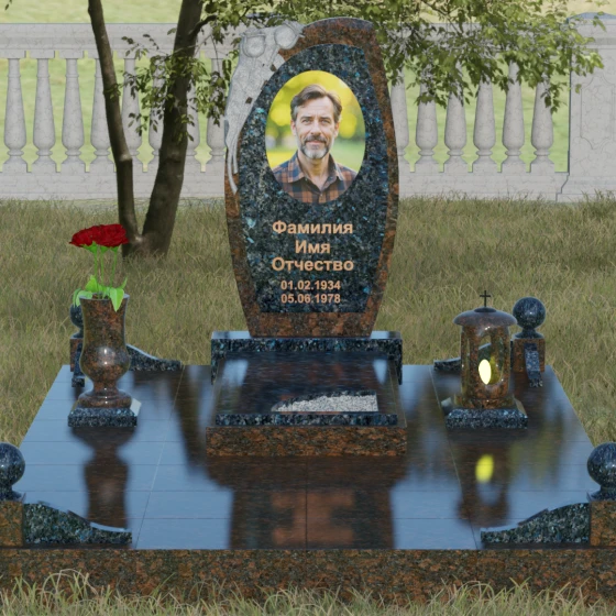 Мемориал с резьбой розы и асимметричной стелой, гранит Блю Перл, вид 2