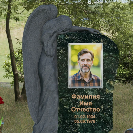 Элитный гранитный монумент со скорбящим ангелом, гранит Балтик грин