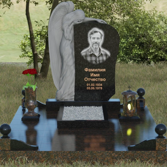 Элитный гранитный монумент со скорбящим ангелом, гранит Габбро-диабаз, вид 2