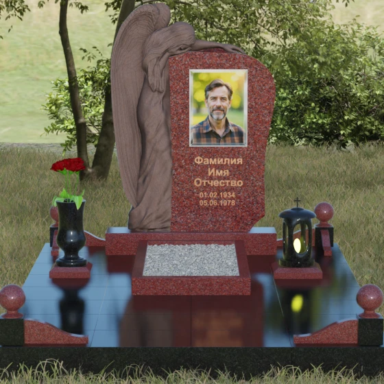 Элитный гранитный монумент со скорбящим ангелом, гранит Лезниковский, вид 2