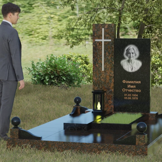 Православный комбинированный памятник с крестом во Владивостоке, гранит Габбро-диабаз, вид 4