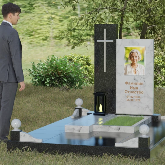 Православный комбинированный памятник с крестом во Владивостоке, мрамор Тассос, вид 4