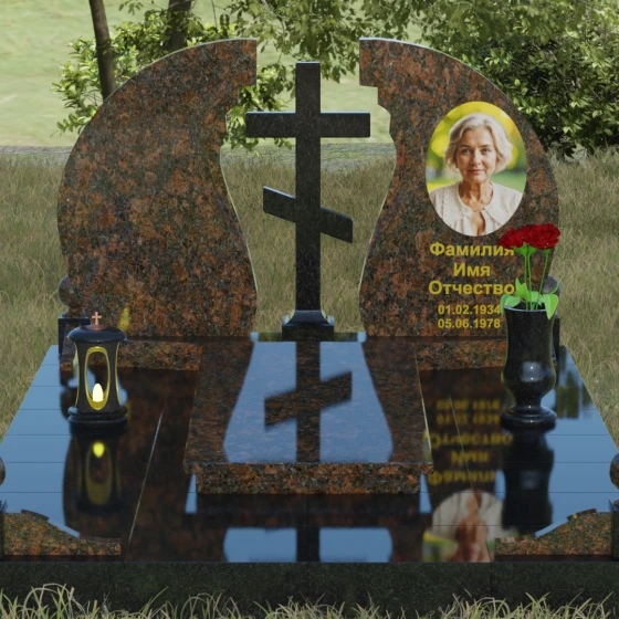 Гранитный православный вертикальный памятник в Омске, гранит Дымовский, вид 2