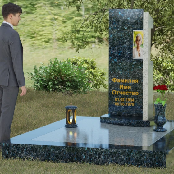 Вертикальный комбинированный светский памятник в Рязани, гранит Блю Перл, вид 4