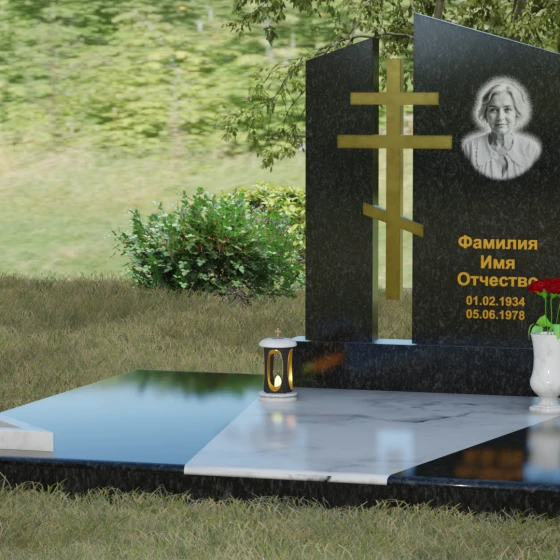 Православный комбинированный памятник с крестом, гранит Габбро-диабаз, вид 4, в Якутске
