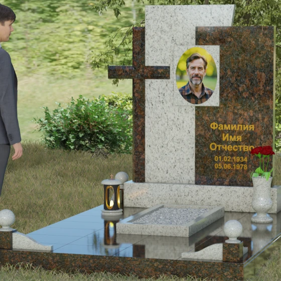 Комбинированный православный памятник с крестом в Барнауле, гранит Мансуровский, вид 4