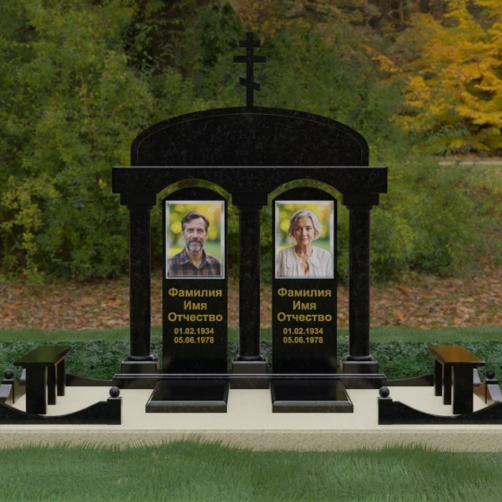 Гранитный православный памятник на двоих в Омске, гранит Габбро-диабаз, вид 2