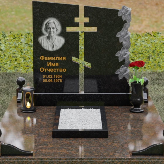 Мемориальный ансамбль с резьбой в виде роз и крестом, гранит Габбро-диабаз, вид 2