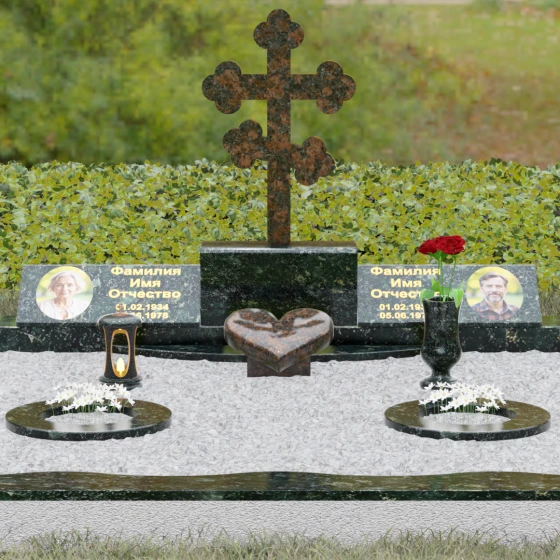 Горизонтальный комбинированный памятник в Салехарде, гранит Балтик грин, вид 2