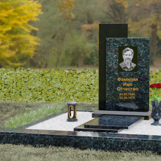 Вертикальный гранитный памятник с православным крестом, гранит Блю Перл, вид 4