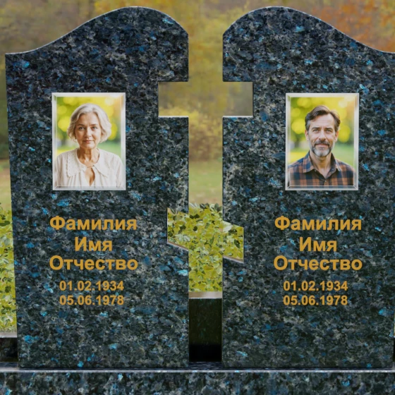 Вертикальный Гранитный памятник на двоих в Альметьевске, гранит Блю Перл