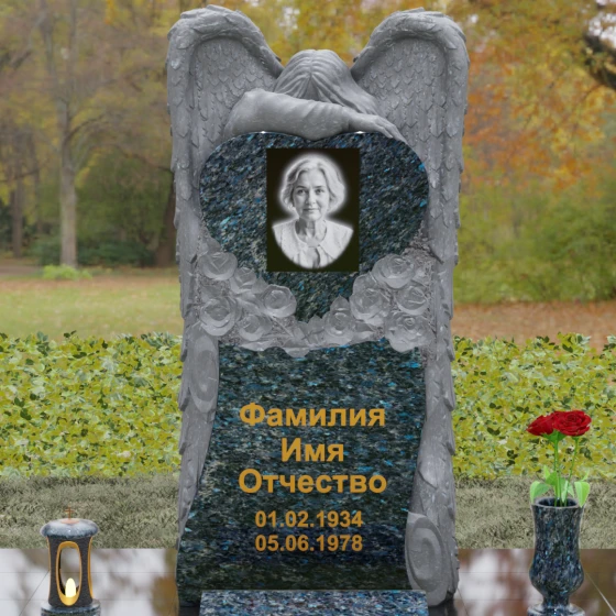 Памятник с фигурой скорбящего ангела, гранит Блю Перл