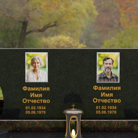 Горизонтальный мемориальный комплекс для двоих с крестом, гранит Габбро-диабаз