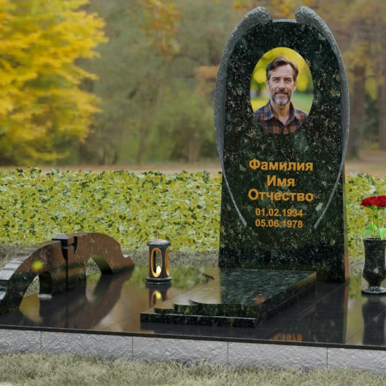 Вертикальный гранитный памятник для одного во Владивостоке, гранит Балтик грин, вид 4