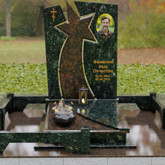 Мемориальный ансамбль со звездой и православным крестом, гранит Балтик грин, вид 2