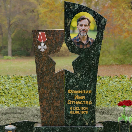 Вертикальный комбинированный памятник для одного в Ставрополе, гранит Балтик грин