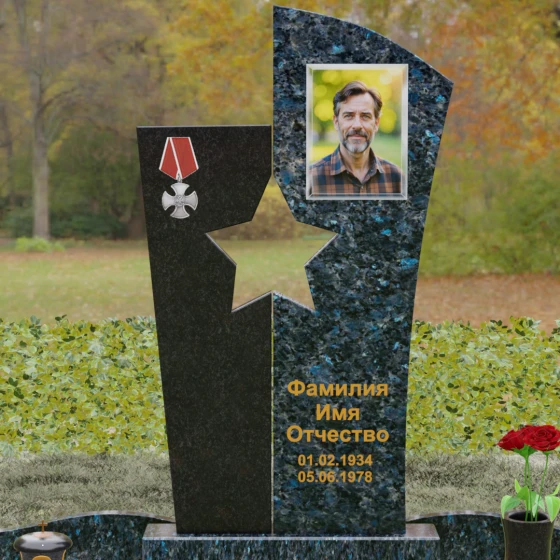 Вертикальный комбинированный памятник для одного в Ставрополе, гранит Блю Перл
