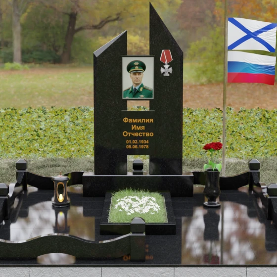 Вертикальный комбинированный памятник для одного в Ставрополе, гранит Габбро-диабаз, вид 2