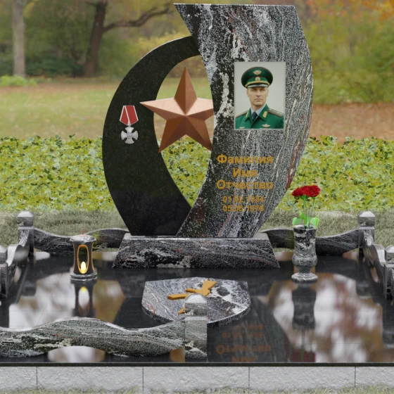 Гранитное надгробие с двумя асимметричными стелами и звездой, гранит амфиболит, вид 2