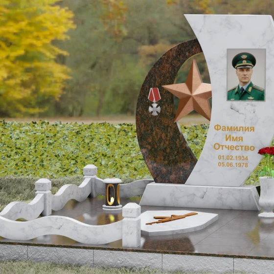 Гранитное надгробие с двумя асимметричными стелами и звездой, мрамор Тассос, вид 4