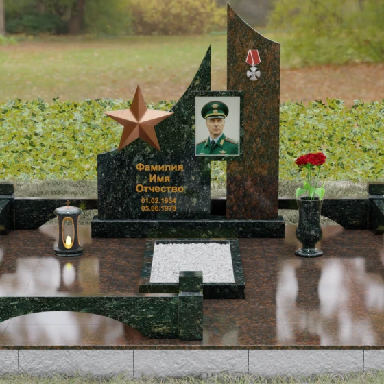 Вертикальный комбинированный памятник для одного в Ставрополе, гранит Балтик грин, вид 2