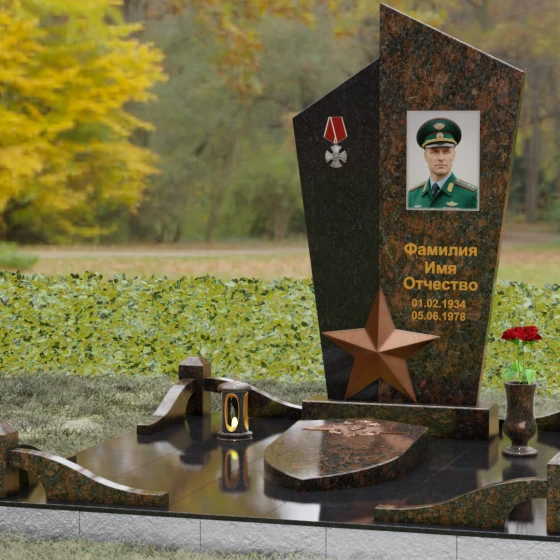 Комбинированный памятник с объемной звездой, гранит Дымовский, вид 4