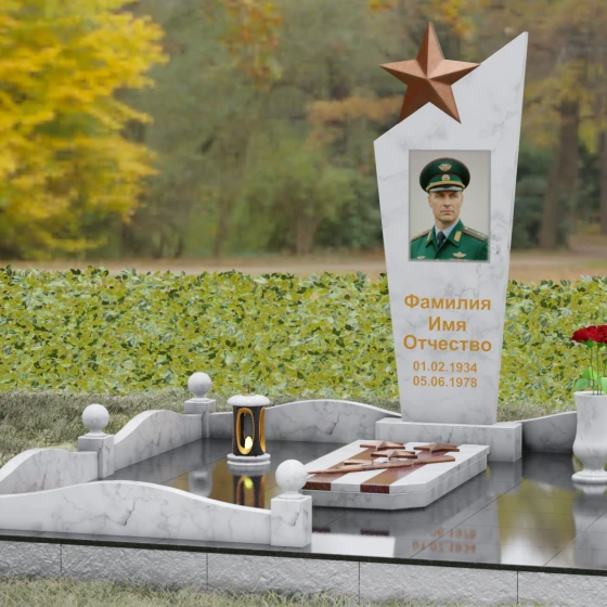 Гранитный монумент со звездой и диагональным срезом, мрамор Тассос, вид 4, в Якутске