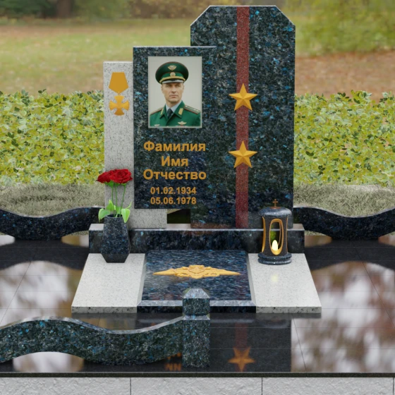 Комбинированный вертикальный памятник в Ставрополе, гранит Блю Перл, вид 2