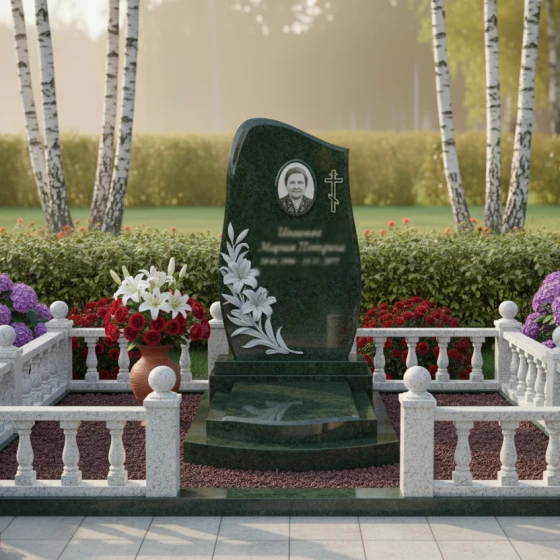 Элитный гранитный памятник с крестом в Мурманске, гранит Балтик грин