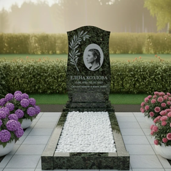 Памятник-волна с гравировкой ветви, гранит Балтик грин