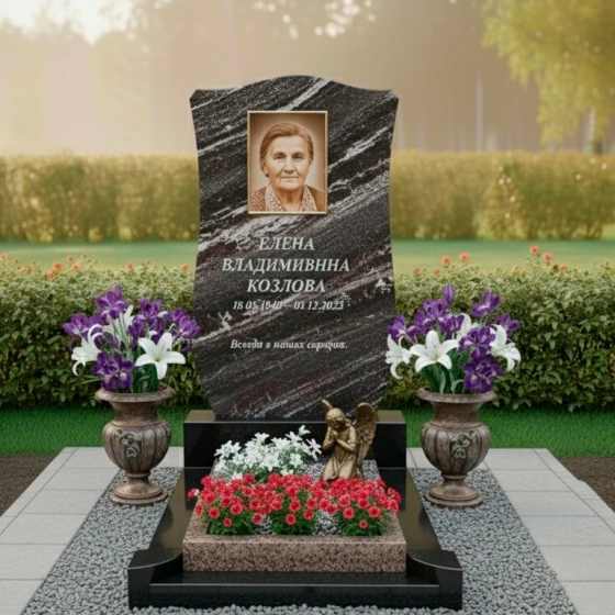 Гранитный памятник с вертикальной стелой в Рязани, гранит амфиболит